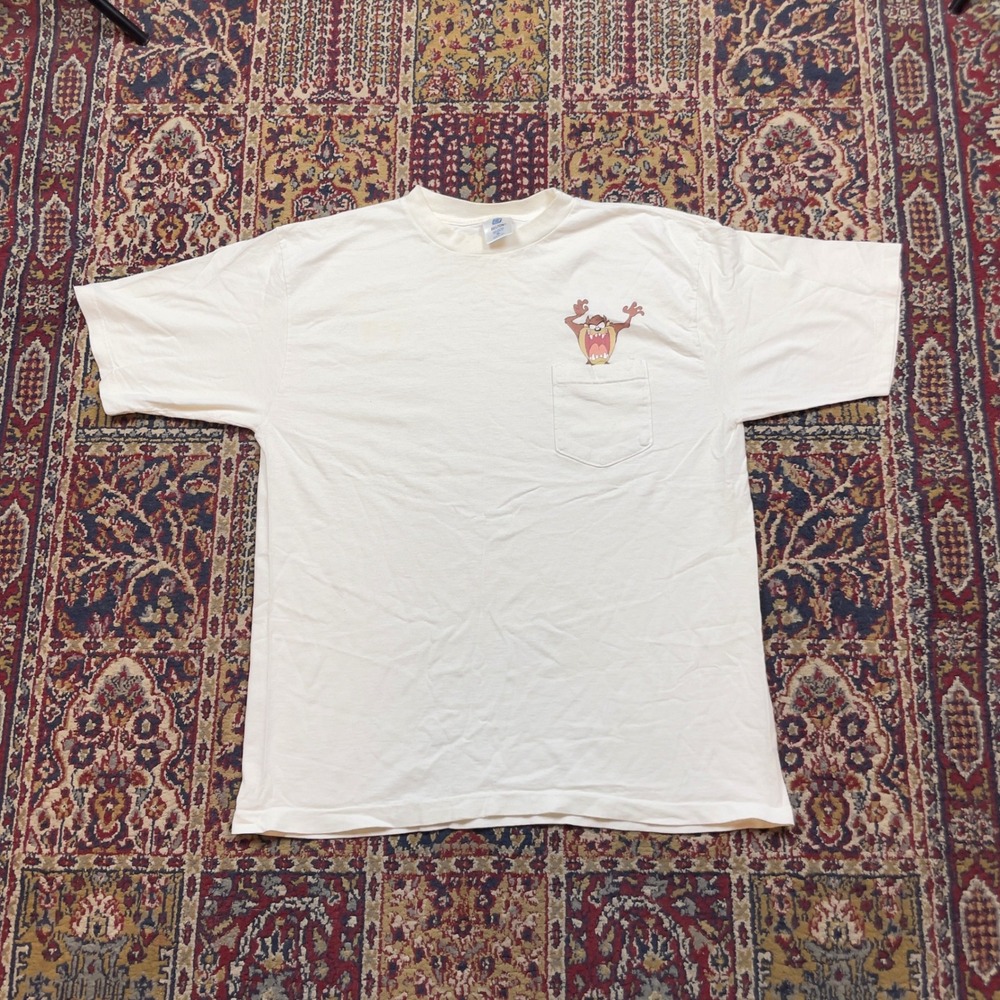 VTG 1992‎ Looney Tunes Taz Pocket T Shirt White Single Stitch Belton XL USA